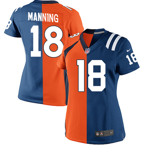 Women's Elite Peyton Manning Nike Jersey Royal Blue/Orange - #18 Colts/Broncos Split Fashion NFL Indianapolis Colts